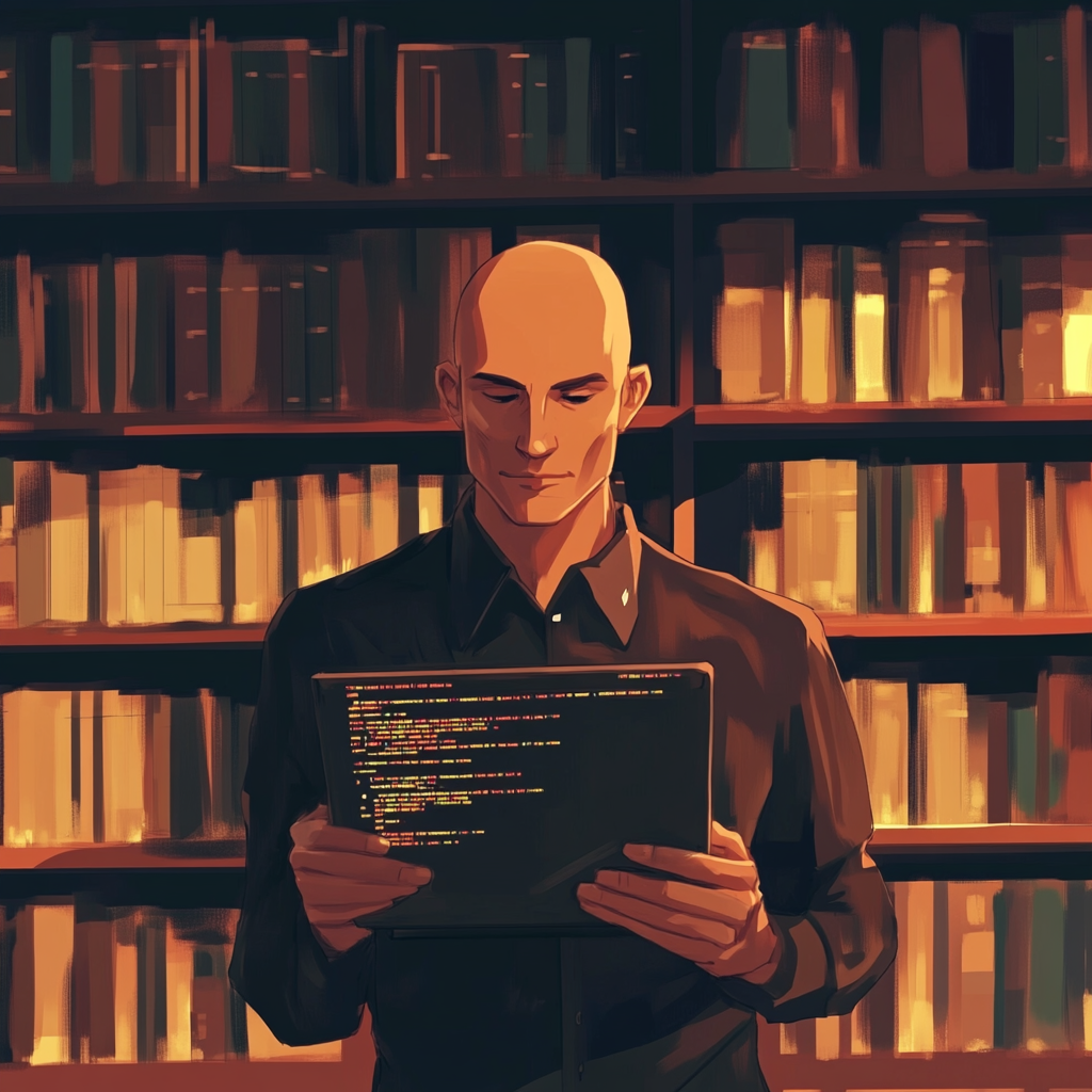 A Bald Man with Bookshelf Holds Laptop