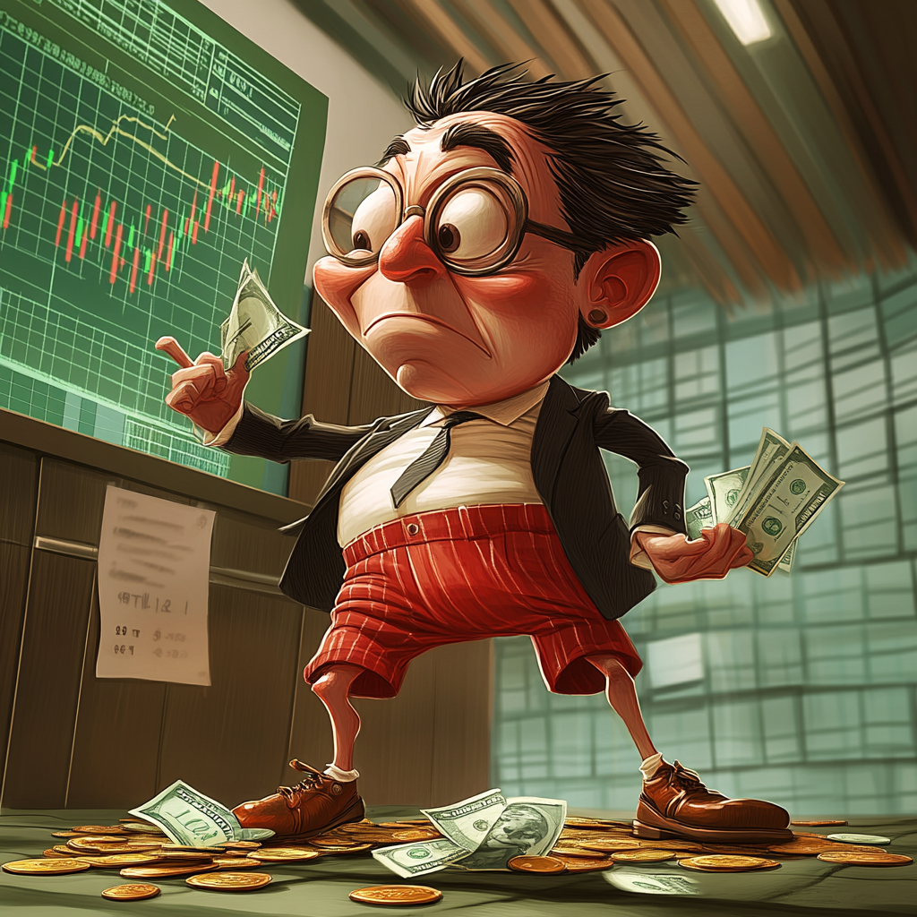 A Banker in Red Shorts Picking Money