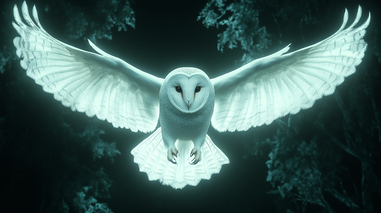 A Barn Owl Flying Symmetrically Through Dark Forest