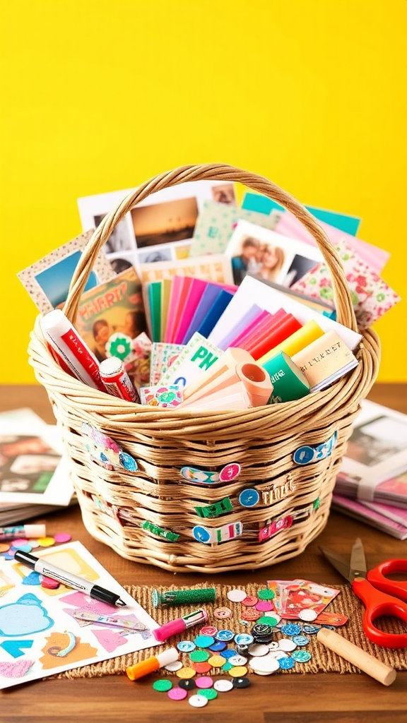 A Basket of Scrapbooking Goodies on Crafting Table