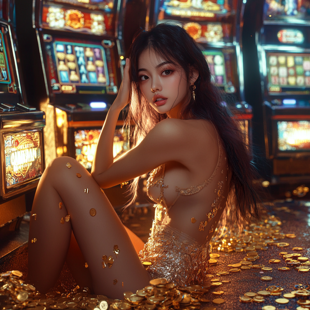 A Beautiful Asian Woman with Slot Machines and Gold