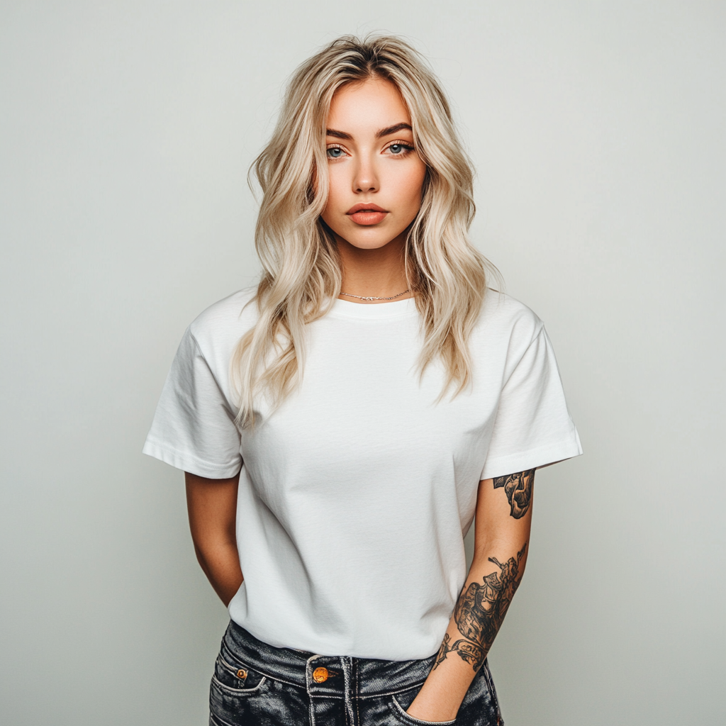 A Beautiful Blonde Model in a White T-Shirt