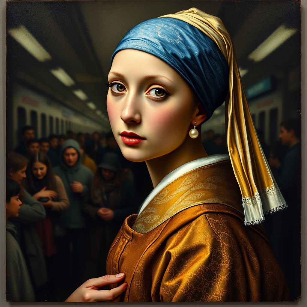 A Beautiful Girl with Pearl Earring in Crowded Subway