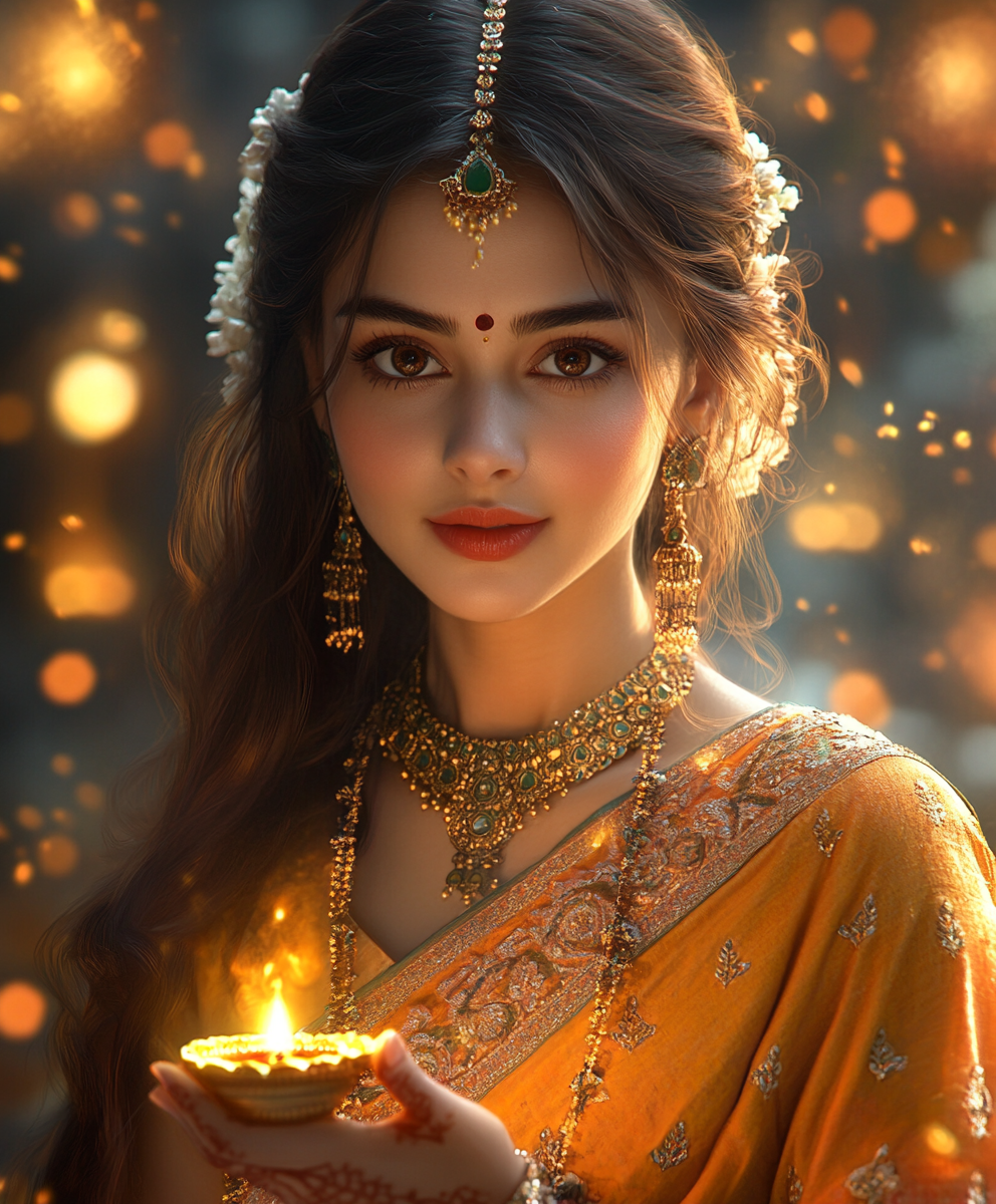 A Beautiful Indian Lady Celebrating Diwali Festival