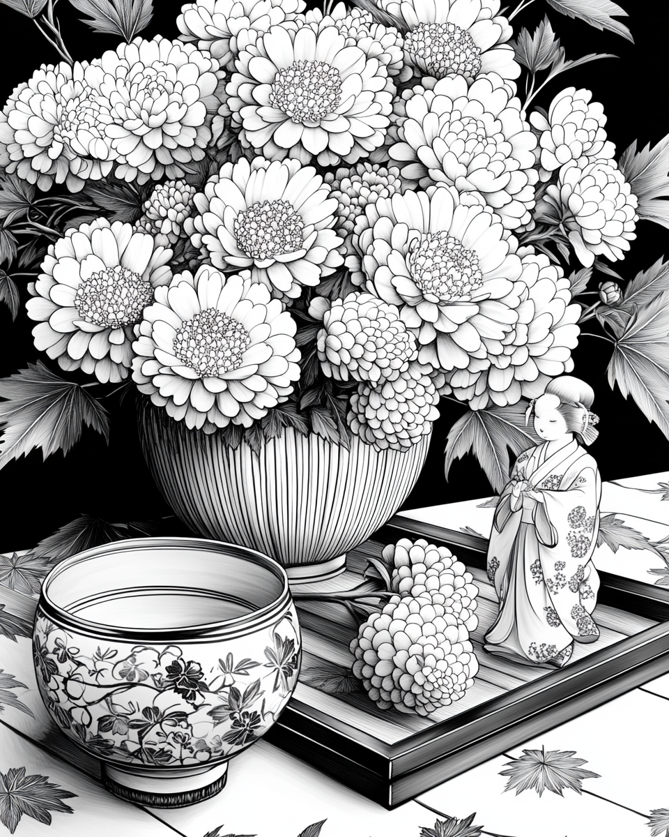 A Beautiful Japanese Flowers Arrangement Coloring Page