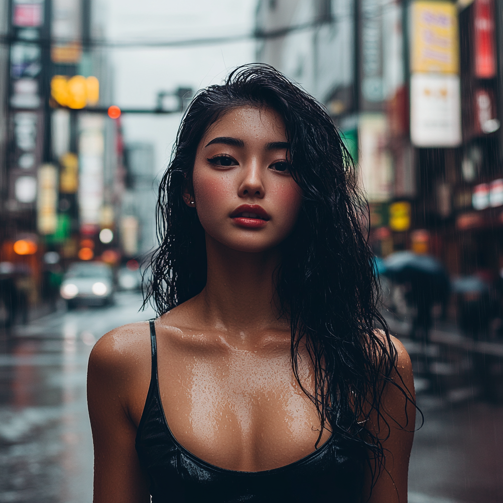 A Beautiful Japanese Woman in Tokyo Morning Rain