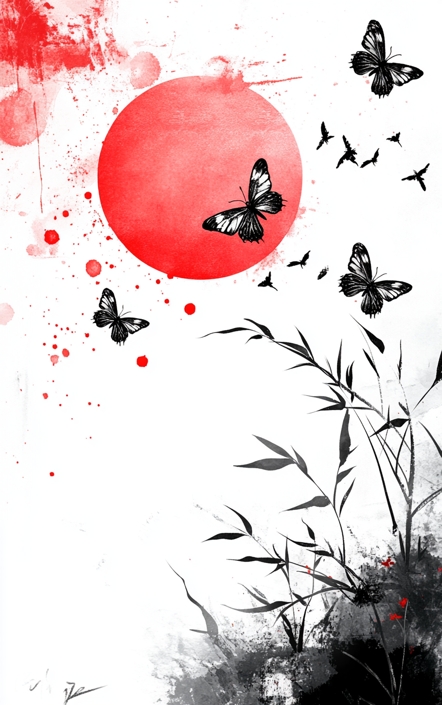 A Beautiful Nature Frame with Red Sun and Butterflies