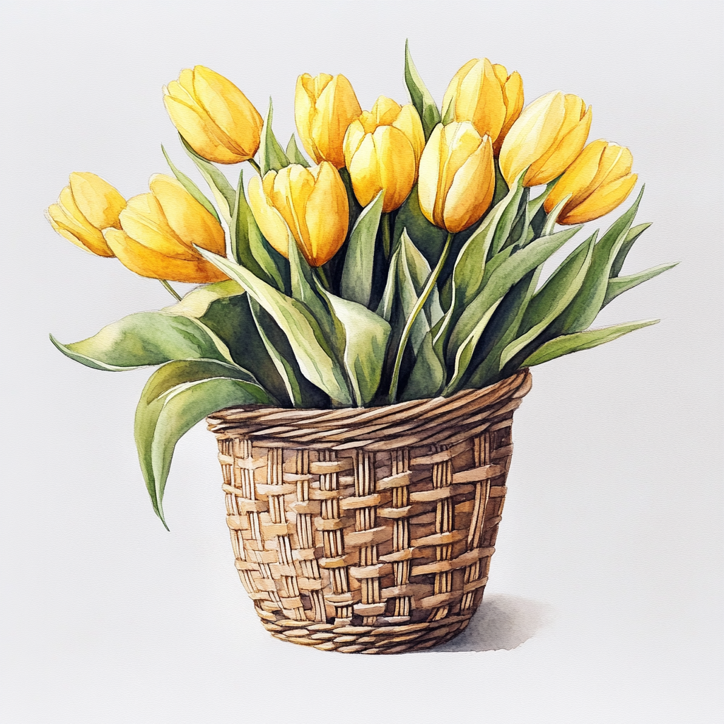 A Beautiful Rattan Basket with Bright Yellow Tulips