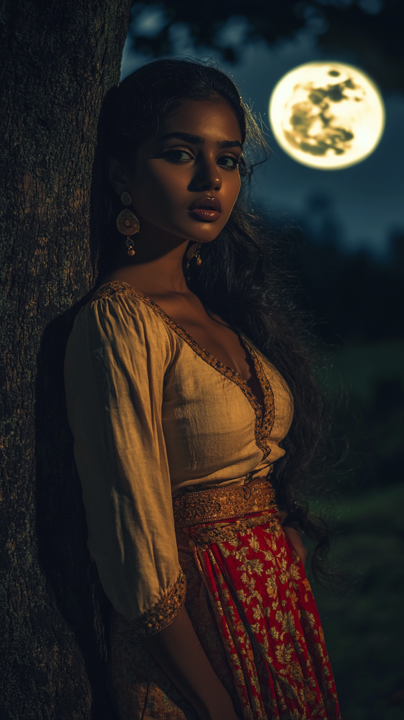 A Beautiful Sri Lankan Woman Poses Under Moonlit Tree