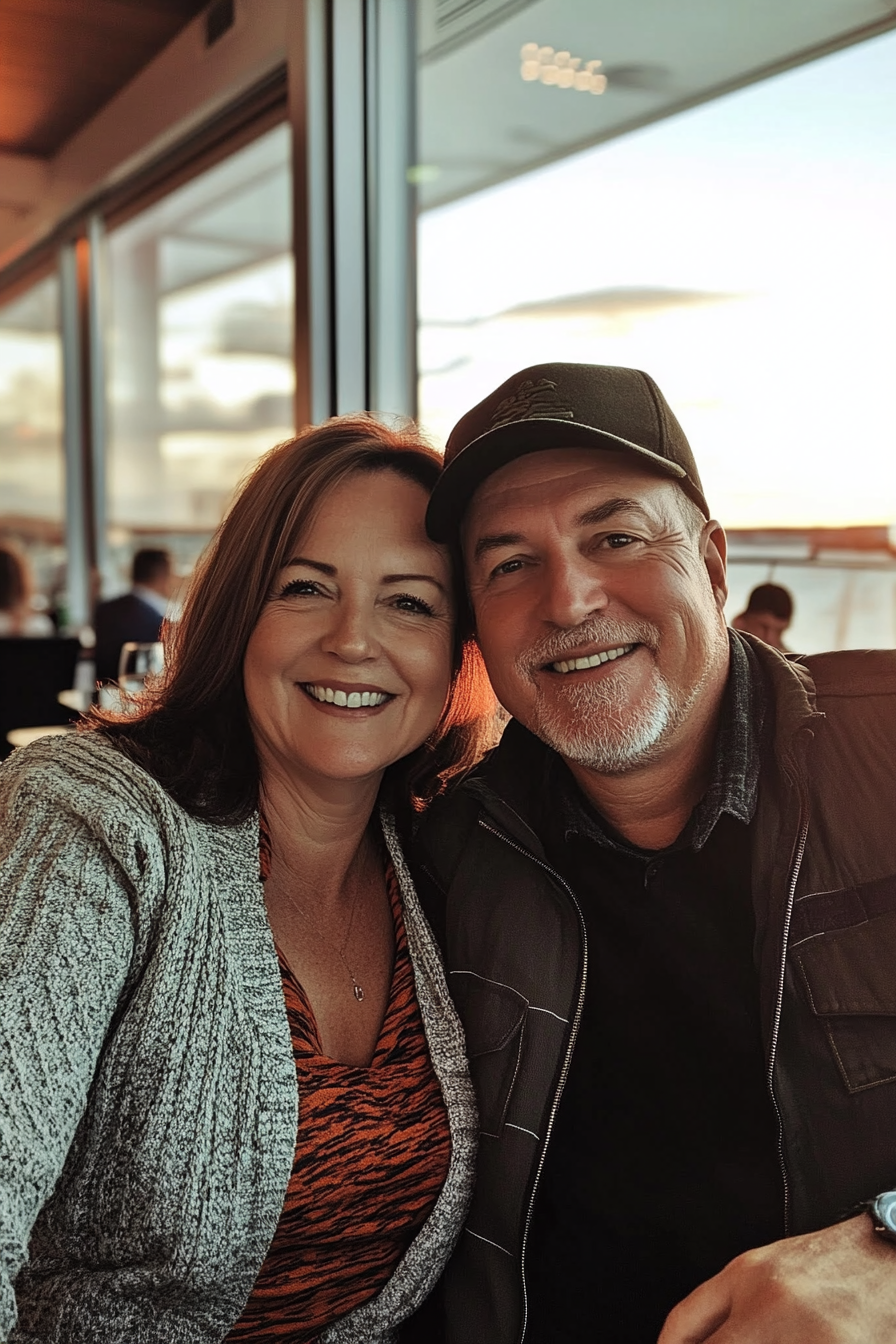 A Beautiful Sunset, Happy Couple Smiling on Cruise