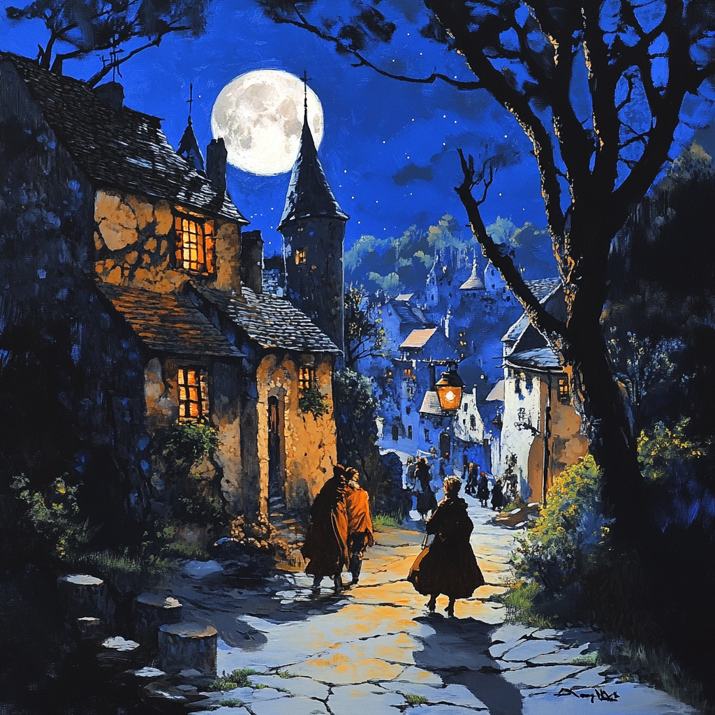 A Beautiful Village at Night Under Moonlight