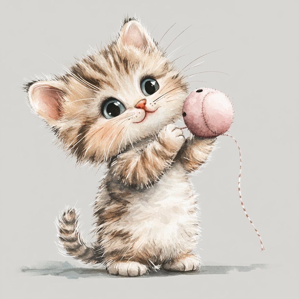 A Beautiful Watercolor Cat Toy with Plush Mouse.