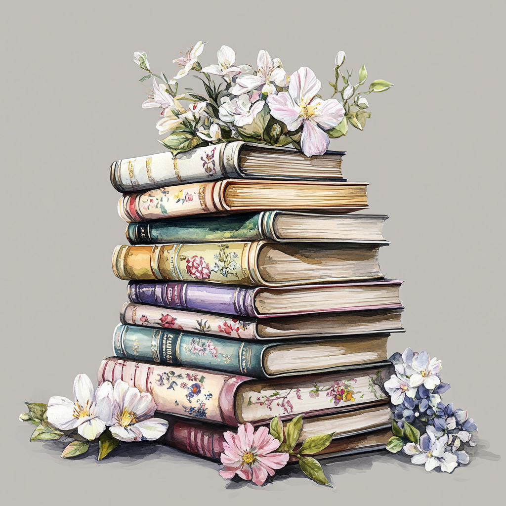 A Beautiful Watercolor Pile of Books on Gray