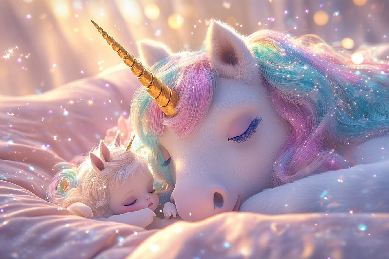 A Beautiful White Unicorn and Her Baby Sleeping