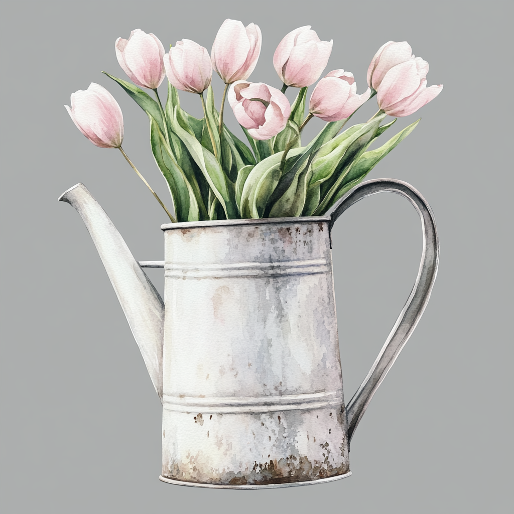 A Beautiful White Watering Can with Pink Tulips