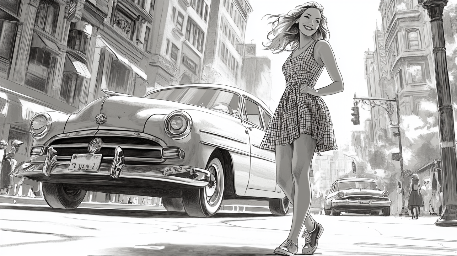 A Beautiful Woman Walking Past Retro Car