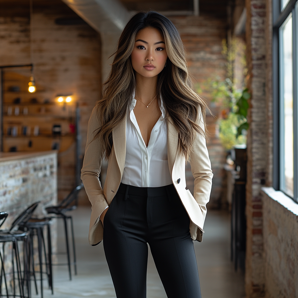 A Beautiful Woman in Black Outfit and Beige Blazer