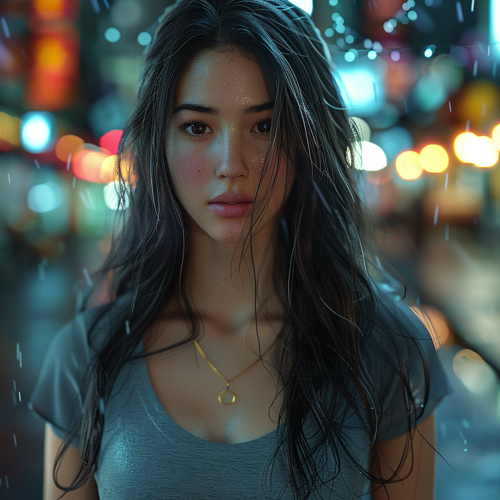 A Beautiful Woman in City at Night