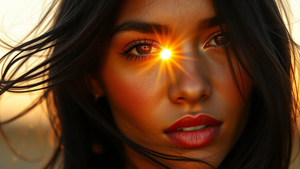 A Beautiful Woman with Sunlight Reflected in Eyes.