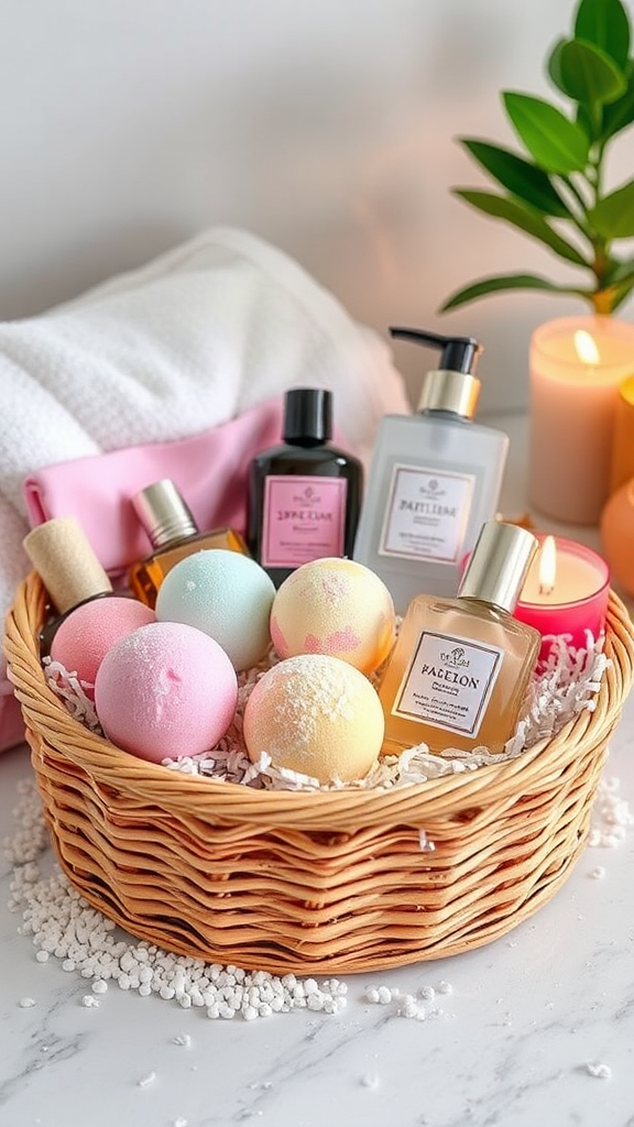 A Beautifully Arranged Spa Basket with Bath Bombs