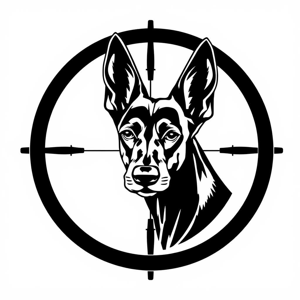 A Belgian Malinois Head in Scope Crosshairs Logo