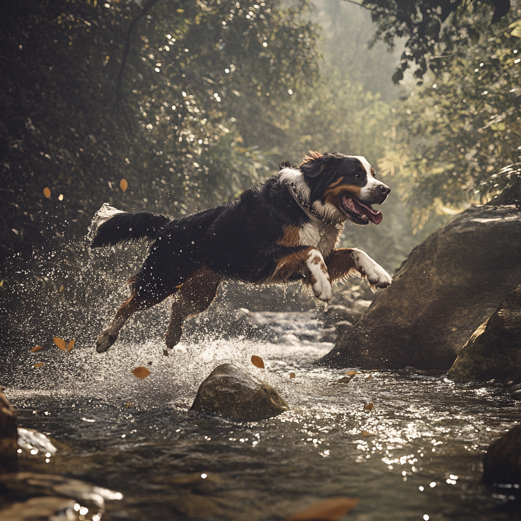 A Bernese Dog Jumping Over River Rocks