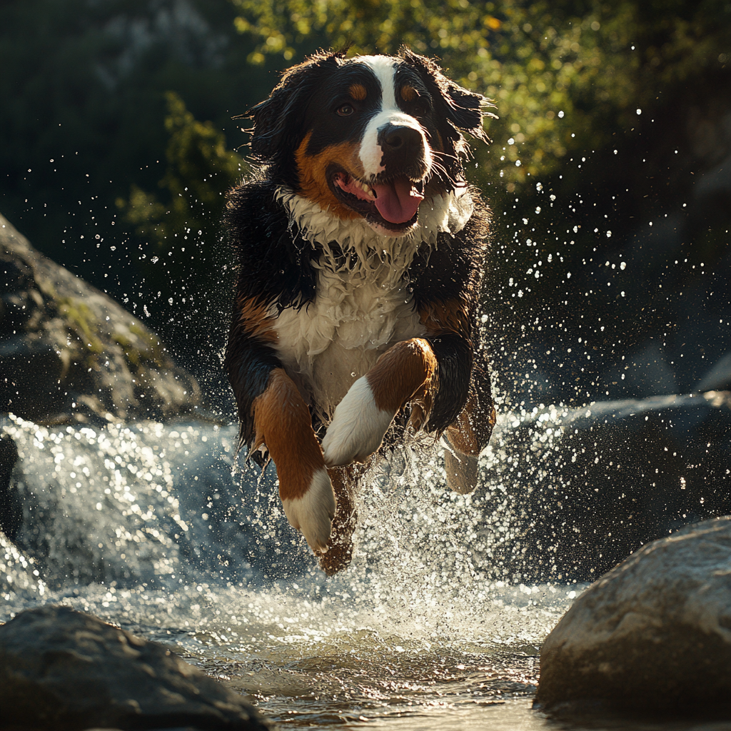 A Bernese Dog Jumping Rocks in Mexican Forest