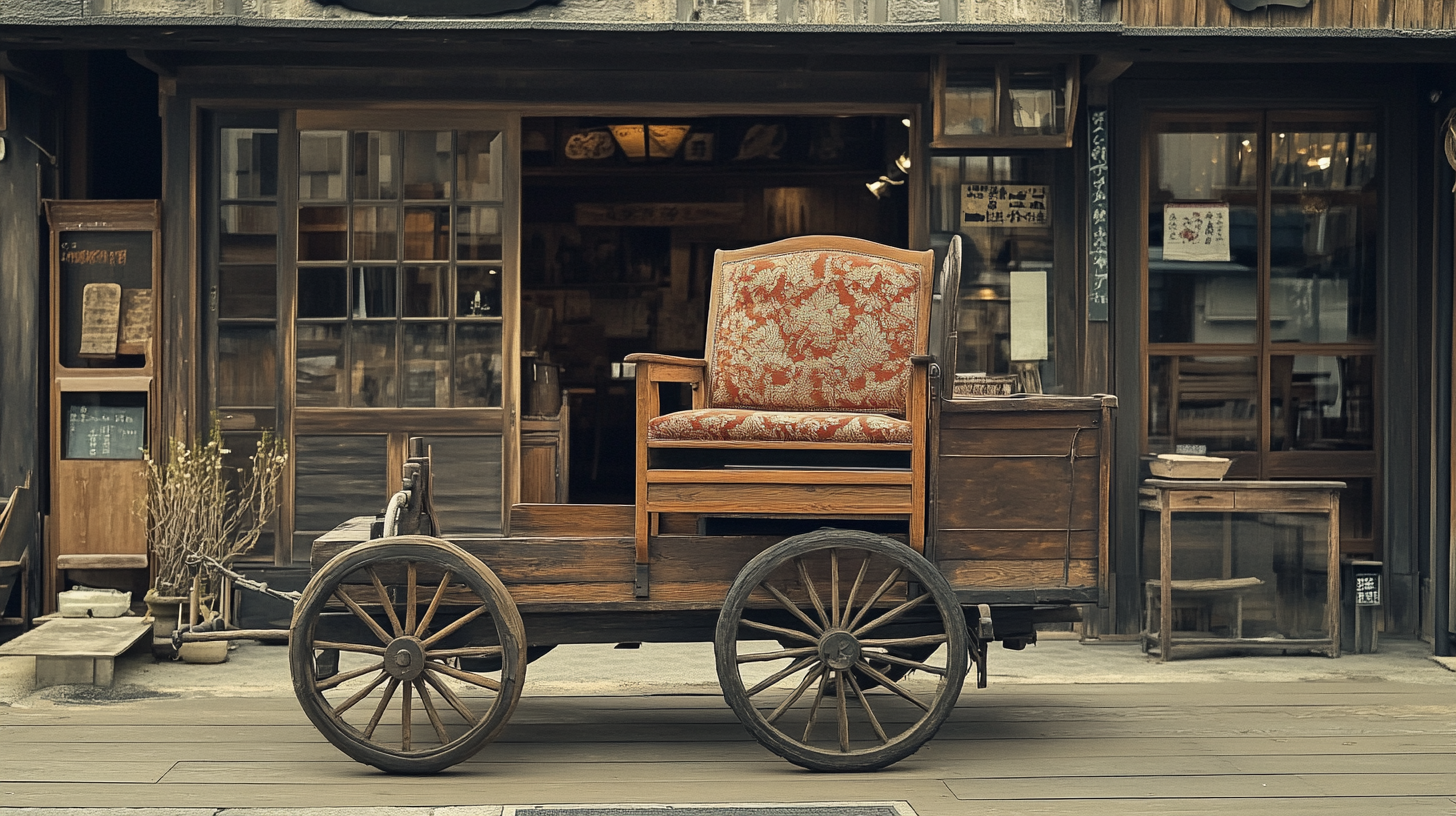 A Big Wooden Cart with Chair Outside Store