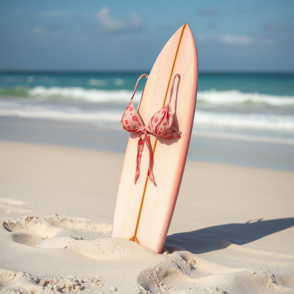 A Bikini Top on Surfboard at Beach