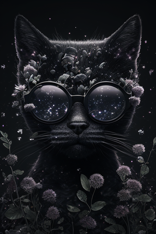 A Black Cat With Glasses, Moon and Flowers