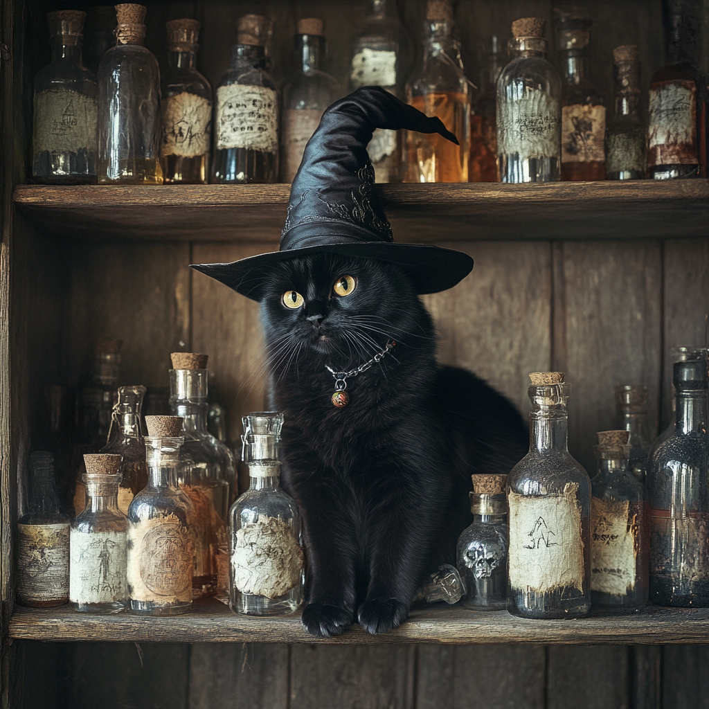 A Black Cat in a Witch's Hat sitting on Shelf full of Potions