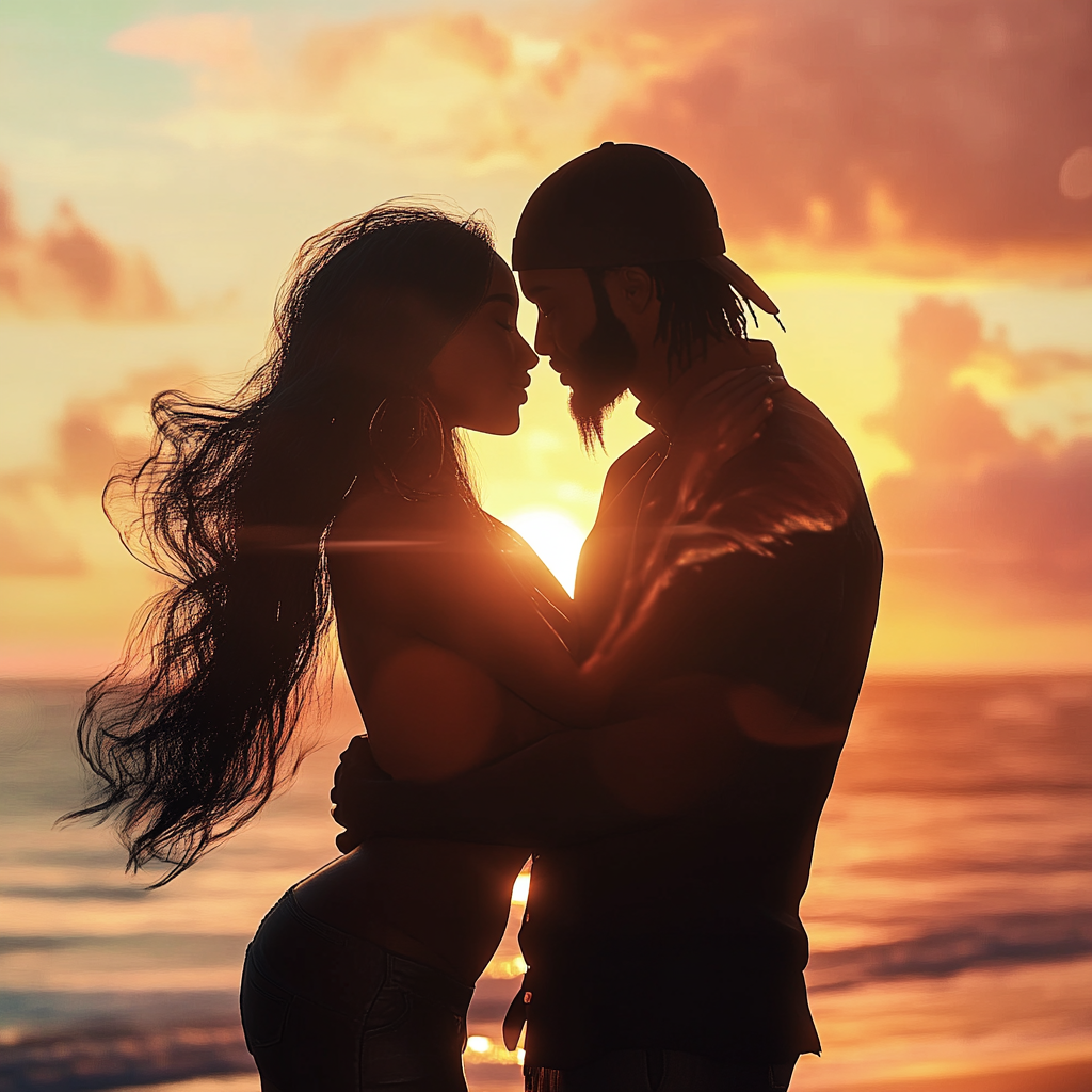 A Black Couple Kissing on Beautiful Sunset Beach