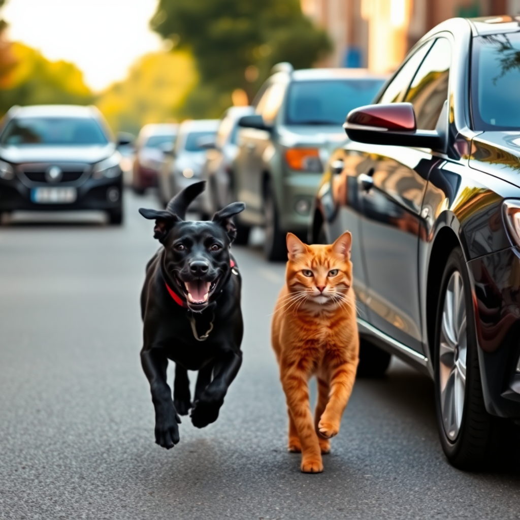 A Black Dog and Red Cat Running Together