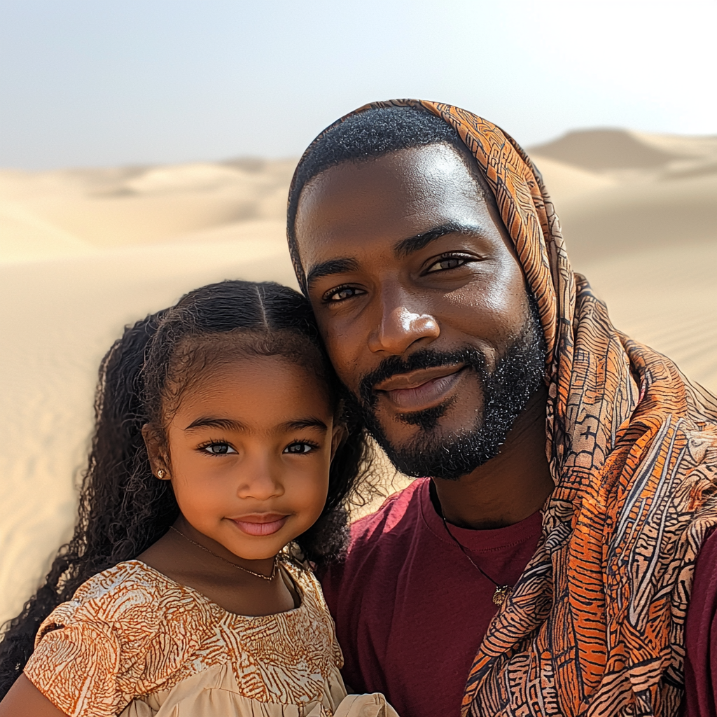 A Black Family in Dubai Desert Poses Happily