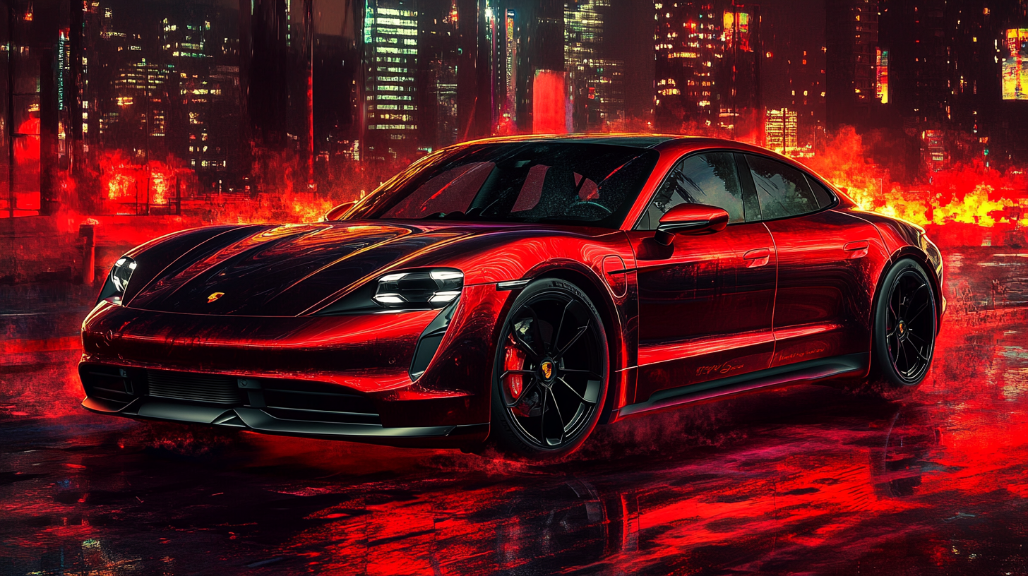 A Black Porsche Taycan in Digital Art Cityscape