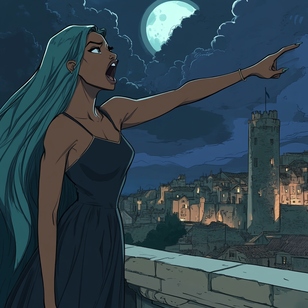 A Black Princess on Castle Balcony at Night