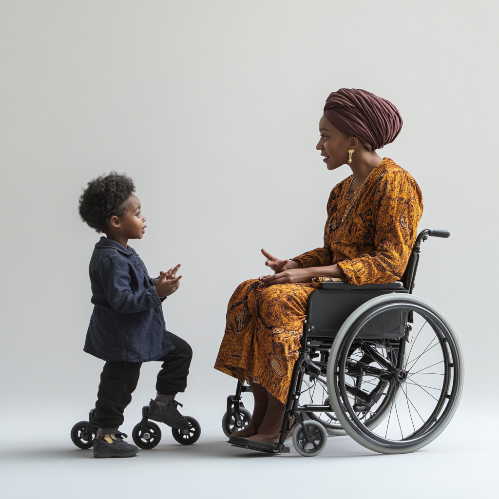 A Black Woman in Turban Talks to Child