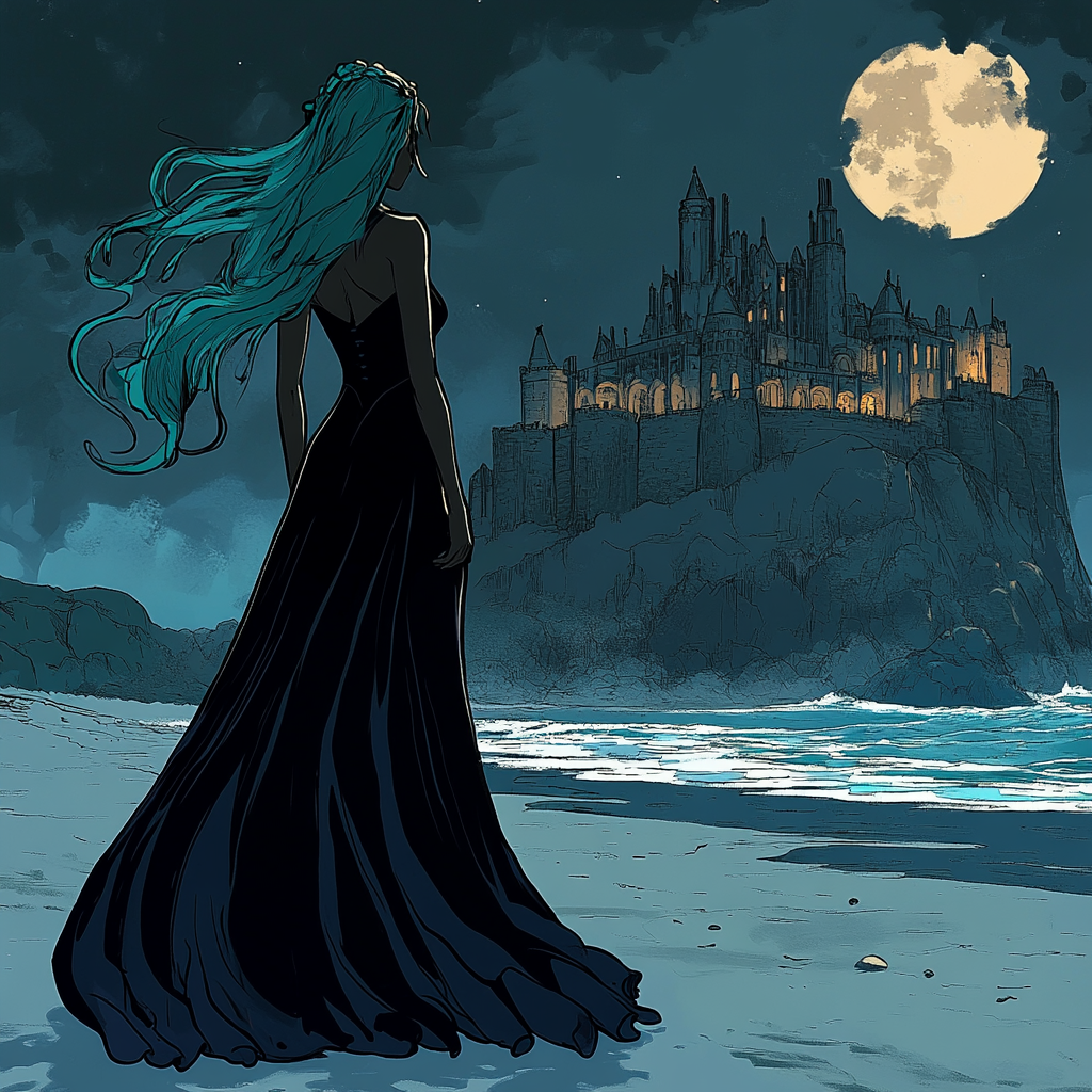 A Black woman with teal hair near castle