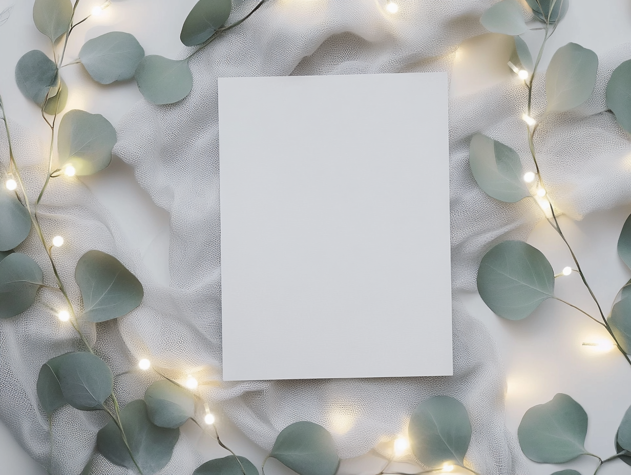 A Blank Postcard, Eucalyptus, and Lights Top View