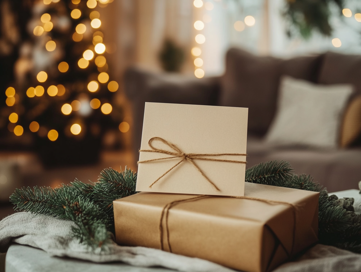 A Blank Postcard and Wrapped Gift on Table