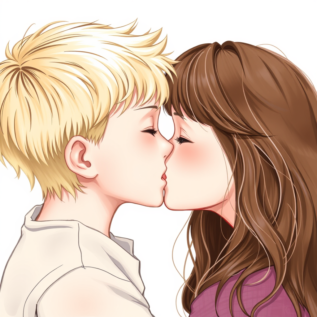 A Blonde Boy Kissing a Brown-Haired Girl