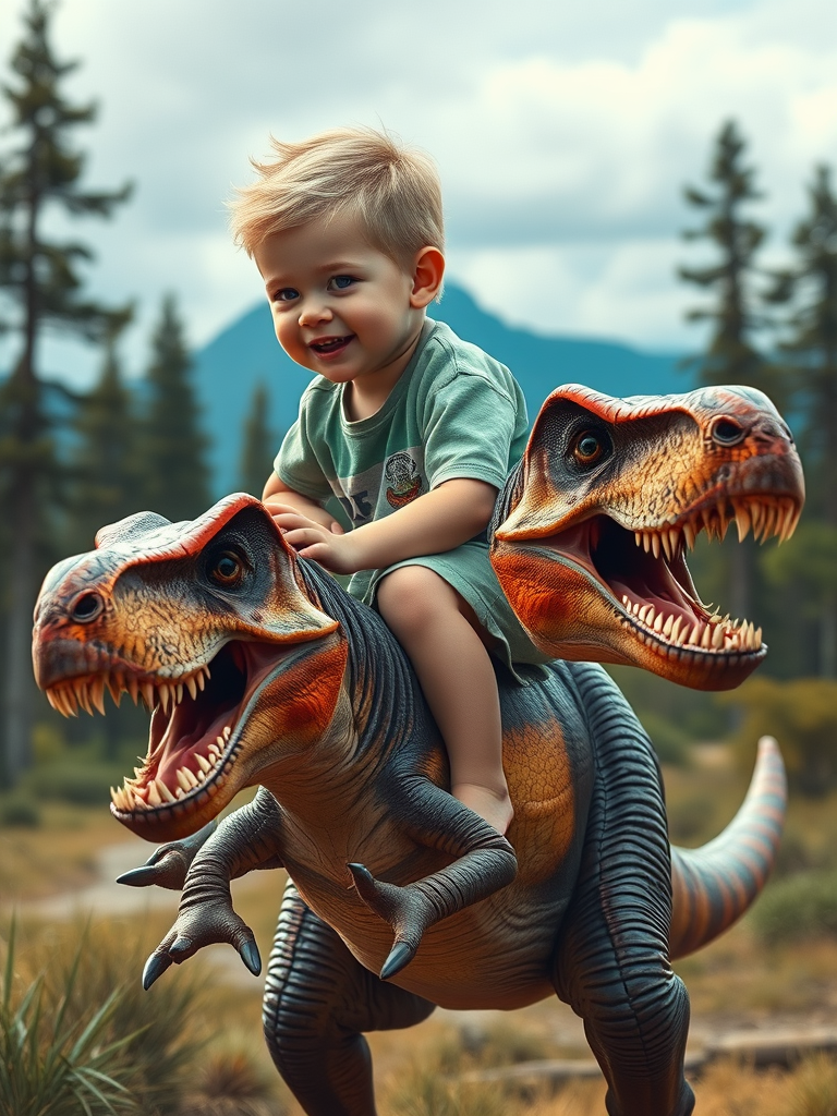 A Blonde Boy Riding a Vibrant T-Rex