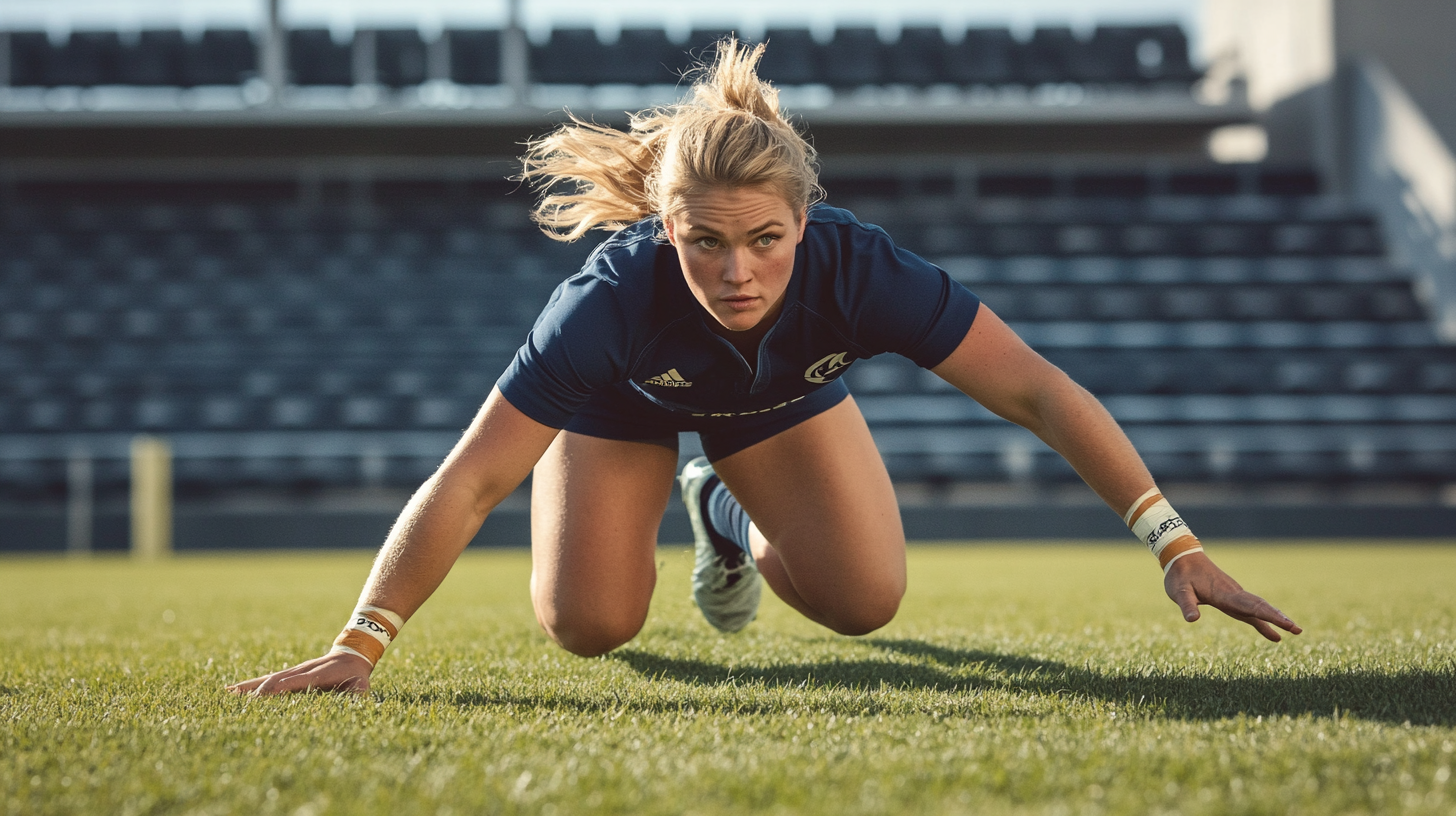 A Blonde Female Rugby Player Preparing for Tackle