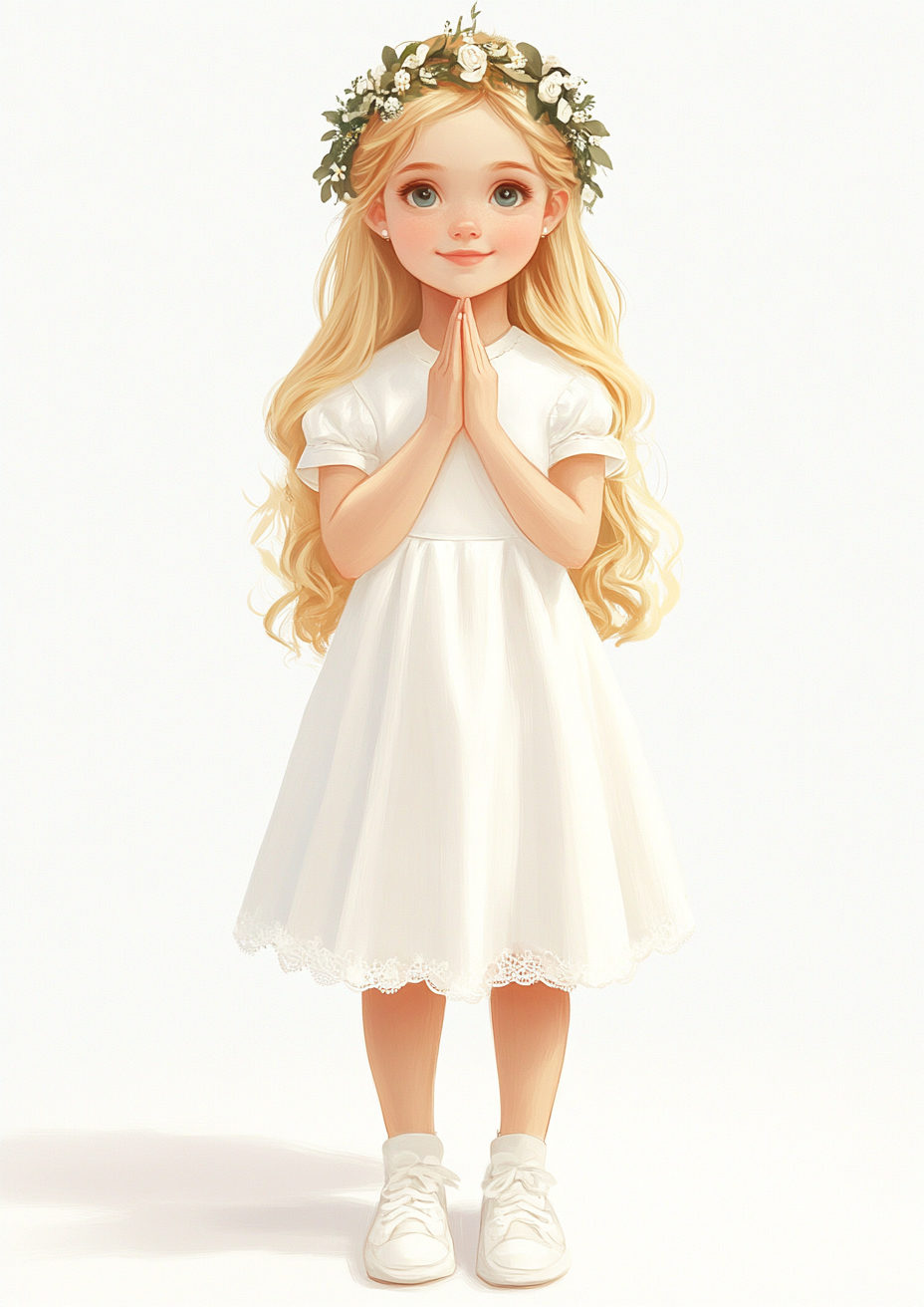 A Blonde Girl in Communion Dress Prayer Pose.