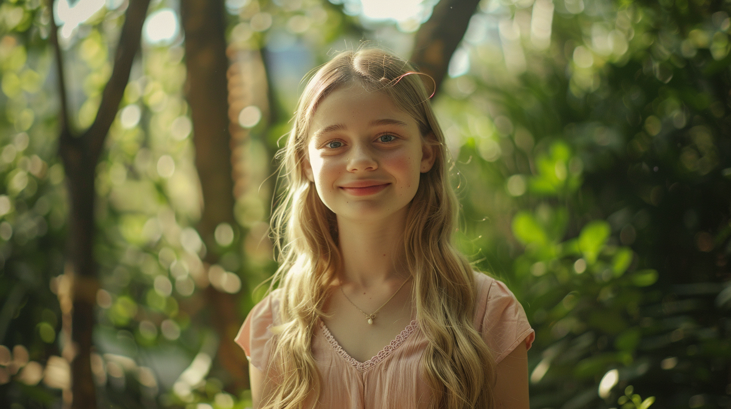 A Blonde Girl in a Pink Dress in Forest