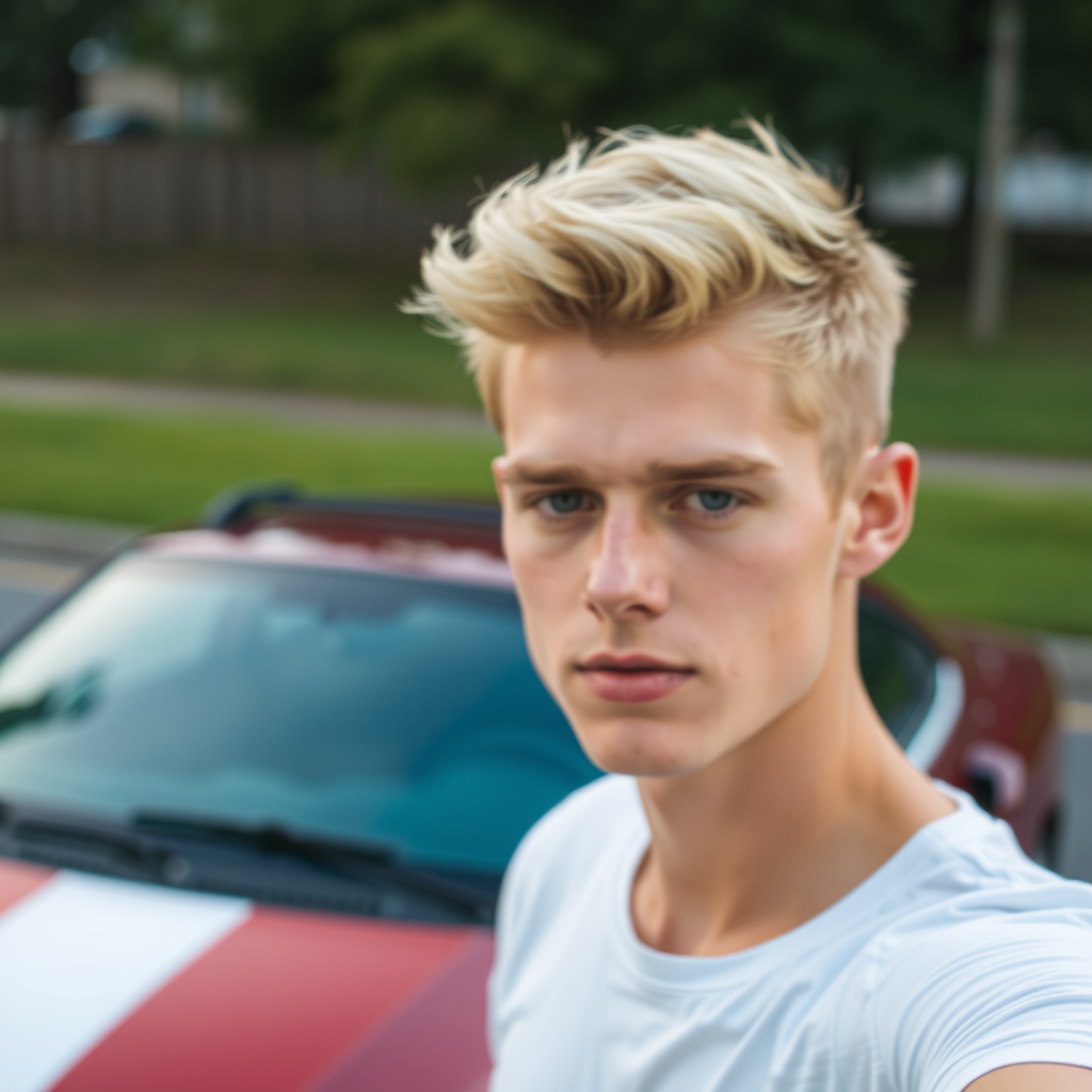 A Blonde Guy Next to a Blurry Car Selfie