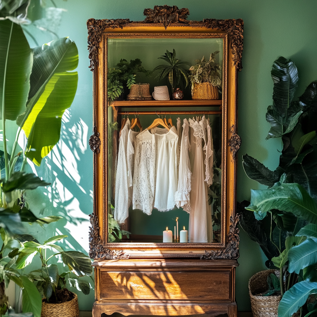 A Bohemian Wardrobe with Green Walls and Candle