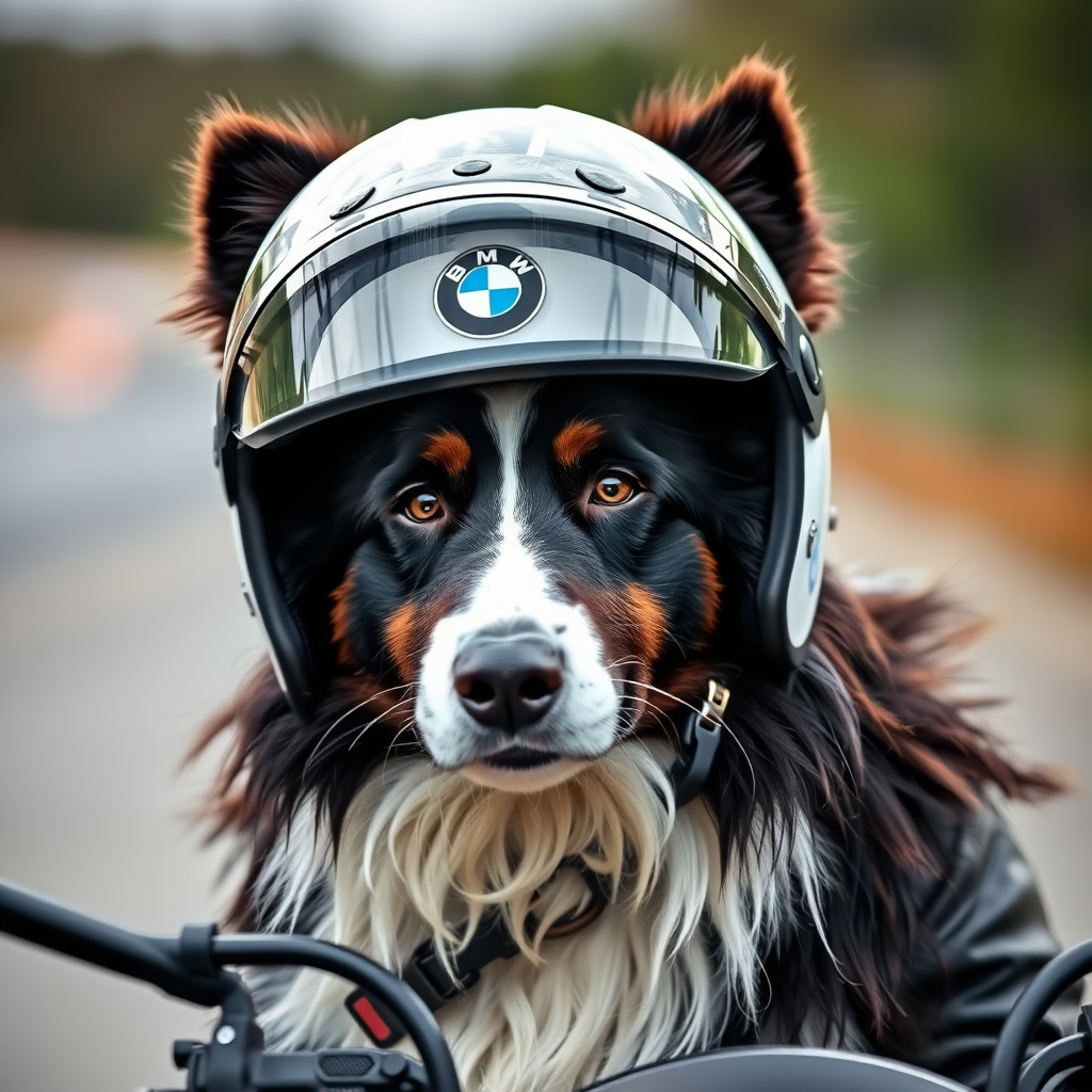 A Border Collie Wearing a BMW Bike Helmet