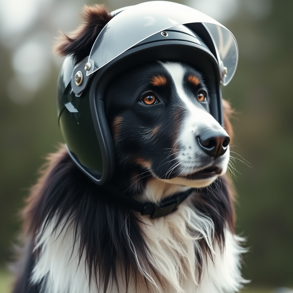 A Border Collie Wearing a Motorcycle Helmet, UK