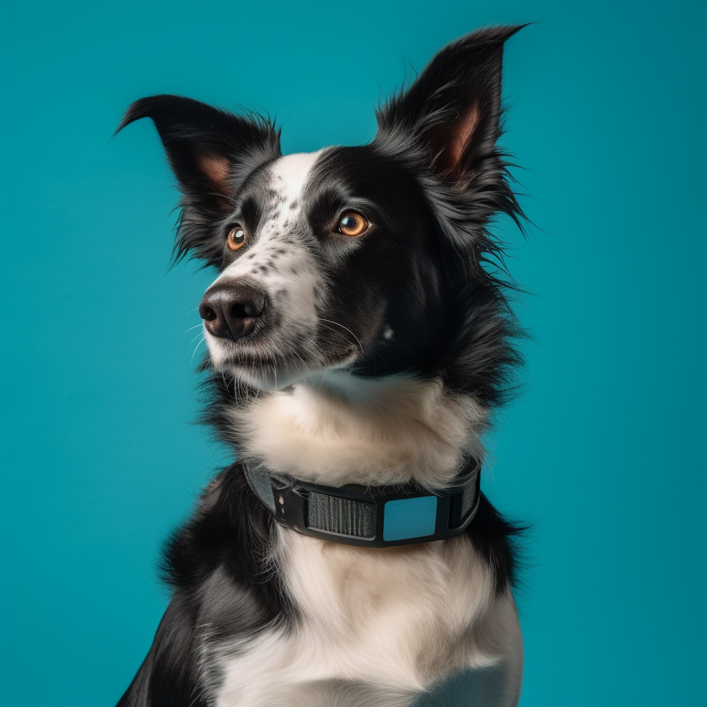 A Border Collie with GPS Collar on Blue Background